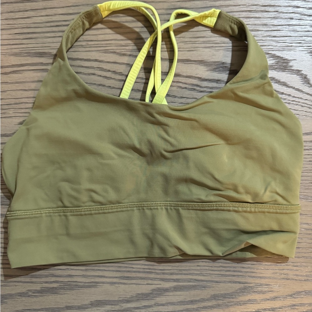 Lululemon Energy Longline Bra B–D Cups, Bronze Green/Electric Lemon, Size: 8